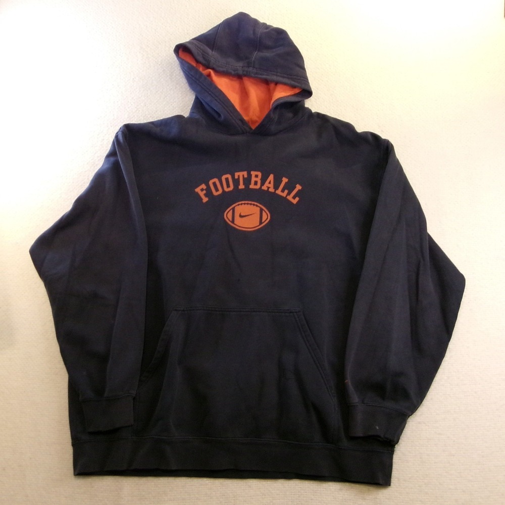 Nike Mens XL Hoodie‎ Navy Blue Orange Football Graphic Distressed Pullover